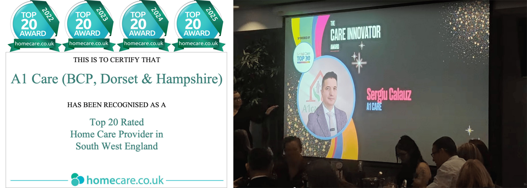 A1 Care receiving multiple Homecare.co.uk Top 20 Awards and Care Innovator recognition for outstanding domiciliary home care services in Bournemouth, Dorset and Hampshire